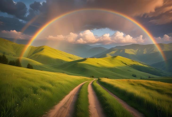 Summer Mountains Lush Green Meadows, Rural Road, and Rainbow in Dramatic Evening Light