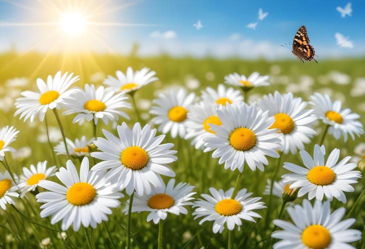 Summer Panoramic View with Chamomiles, Daisies, and Butterfly