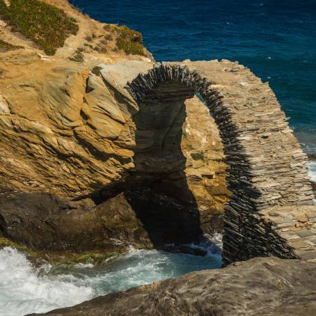 Summer Sunrise at Andros Castle with Old Arched Stone Bridge, Greece