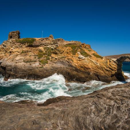 Summer Sunrise Over Andros Islands Historic Stone Bridge and Castle, Greece