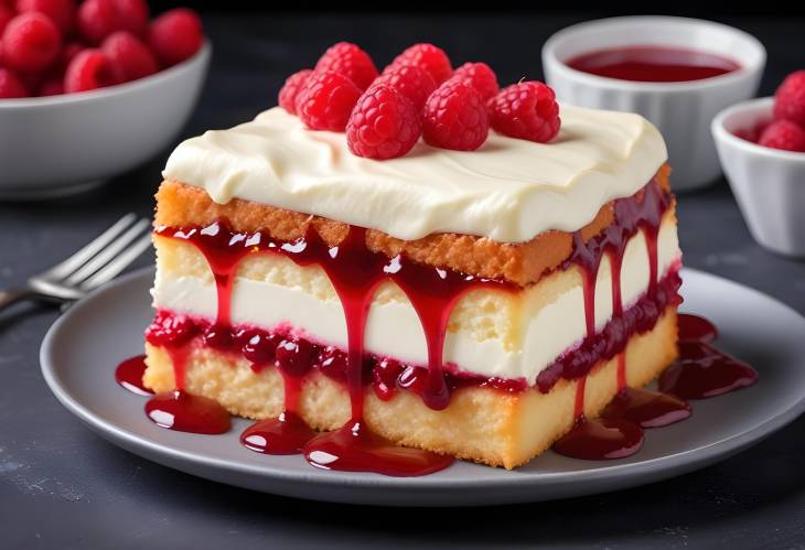 Sumptuous Cake with Raspberry Sauce and Cream Close Up Pastry on Dark Background