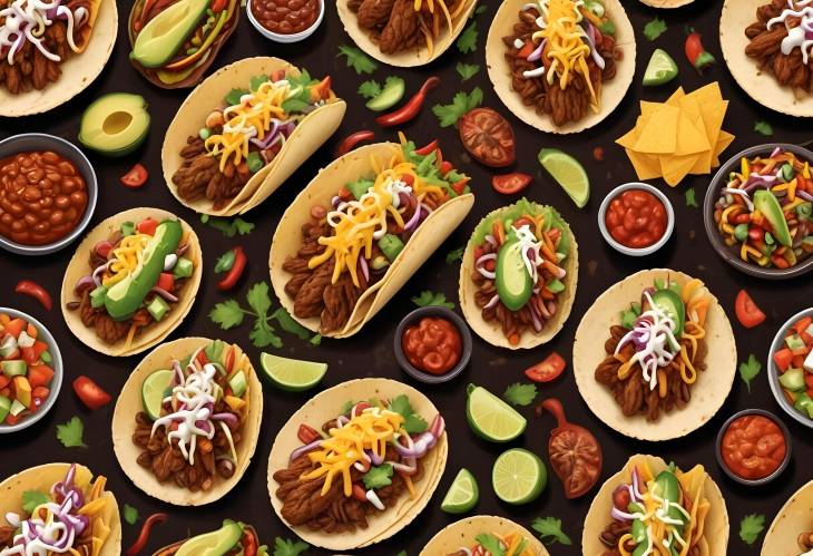 Sumptuous Taco Feast on Dark Brown Table A Realistic Culinary Celebration