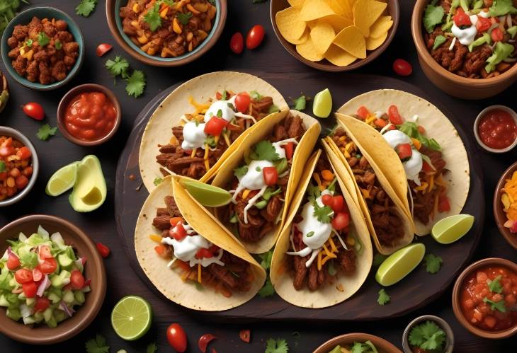 Sumptuous Taco Spread A Realistic and Detailed Culinary Experience on Dark Brown Table