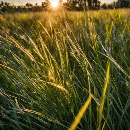 Sunbeams Shining Through Tall Grass in a Golden Field