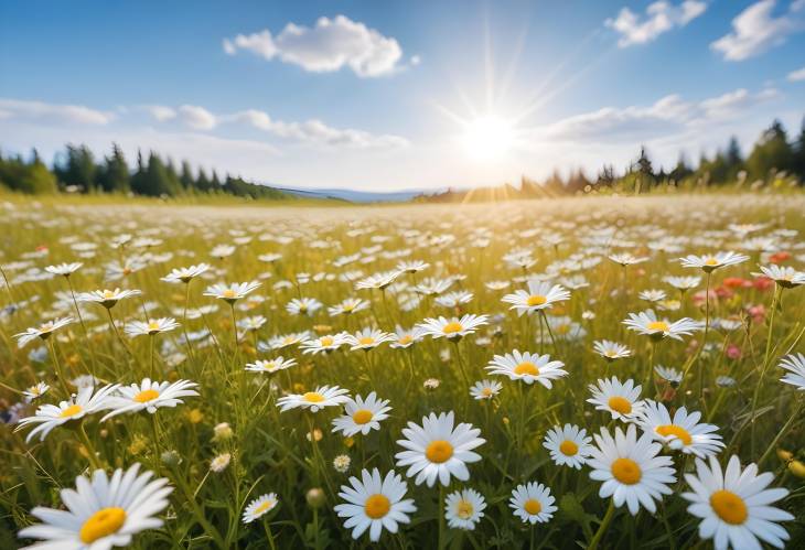 SunDrenched Spring Summer Meadow with Daisies  Colorful Panoramic Landscape of Wildflowers