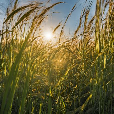 Sunlight Piercing Through Tall Grass in a Golden Hued Field