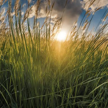 Sunlight Streaming Through Tall Grass in a Sunlit Field