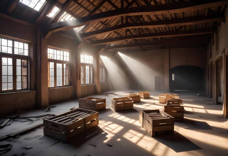 Sunlit Abandoned Warehouse Wooden Crates and Beams Create a Rustic Vintage Scene