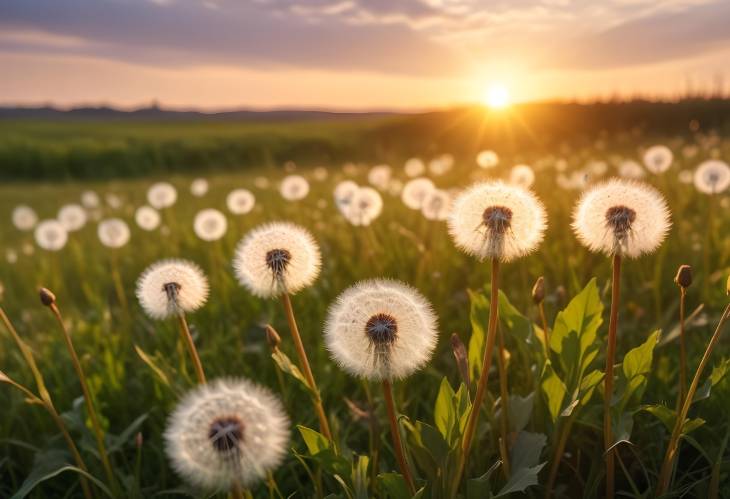 Sunlit Dandelions in Meadow During Golden Sunset