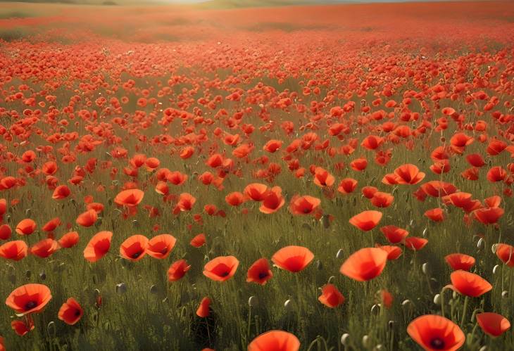 Sunlit Field of Red Poppies with Flowers Swaying in the Breeze Under a Clear Sky