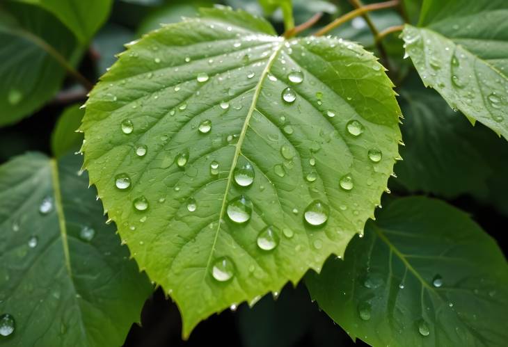 Sunlit Green Leaf with Raindrops Natures Exquisite Structure Revealed