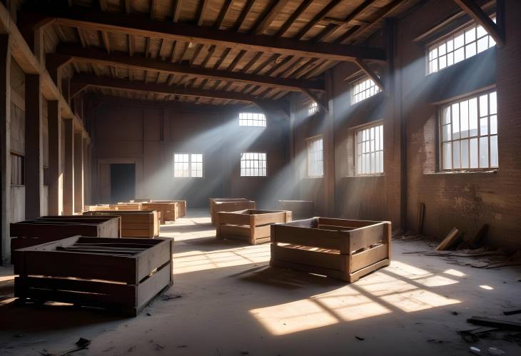 Sunlit Rustic Charm in Abandoned Warehouse Wooden Crates and Beams