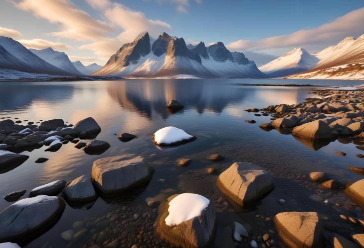 Sunlit Snowy Peaks Above Rocky Beach at Tungeneset