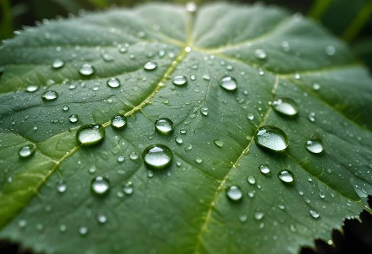 Sunlit Water Drops on Green Leaf Close Up