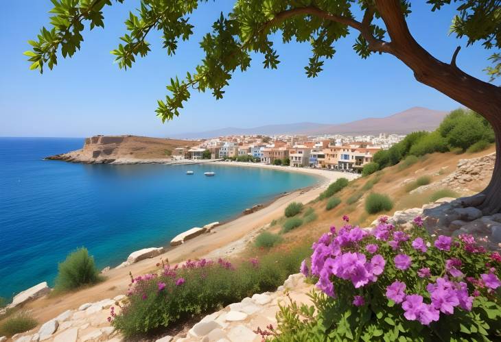 Sunny Bay of Chania, Crete  A Vibrant Summer Day with Coastal Flowers in Greece