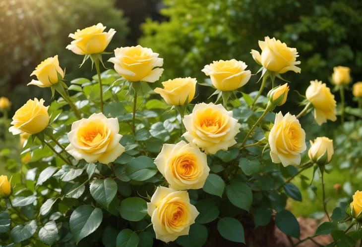 Sunny Green Garden with Fresh Yellow Roses Vibrant Blooms, Lush Plants, Spring Beauty