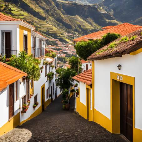 Sunny Madeira Traditional Portuguese Houses in a Scenic Setting