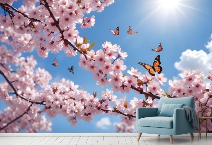 Sunny Spring Blossoms with Butterflies and Blue Sky