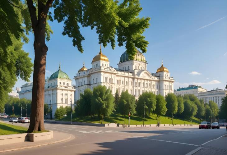 Sunny Summer Morning in Moscow Znamenka Street with Pashkov House in the Background