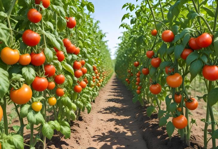 Sunny Tomato Field with Ripe Red Tomatoes A Perfect Summer Harvest Scene