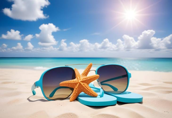 Sunny Tropical Beach with Turquoise Flip Flops and Starfish