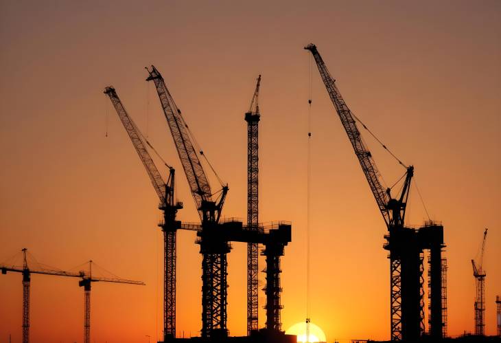 Sunrise Highlights Industrial Cranes and Building Silhouettes