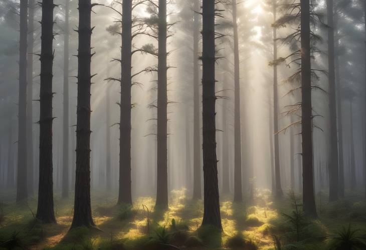 Sunrise in a Misty Pine Forest with Fog and Sunlight Piercing Through