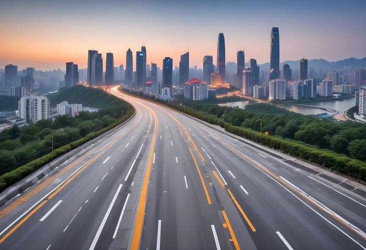 Sunrise Over Chongqing Asphalt Road Square and Urban Skyline