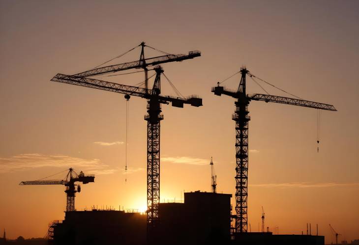 Sunrise Over Cranes and Building Silhouettes in Industrial Area