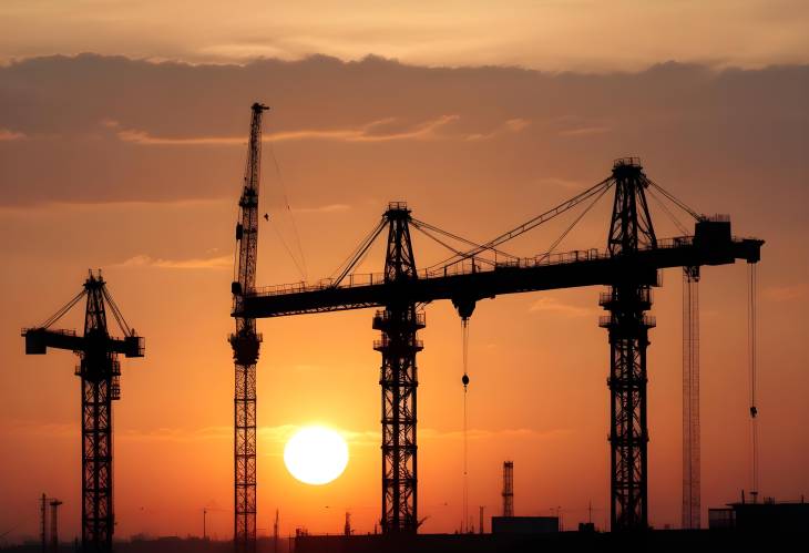 Sunrise Over Industrial Cranes and Building Silhouettes