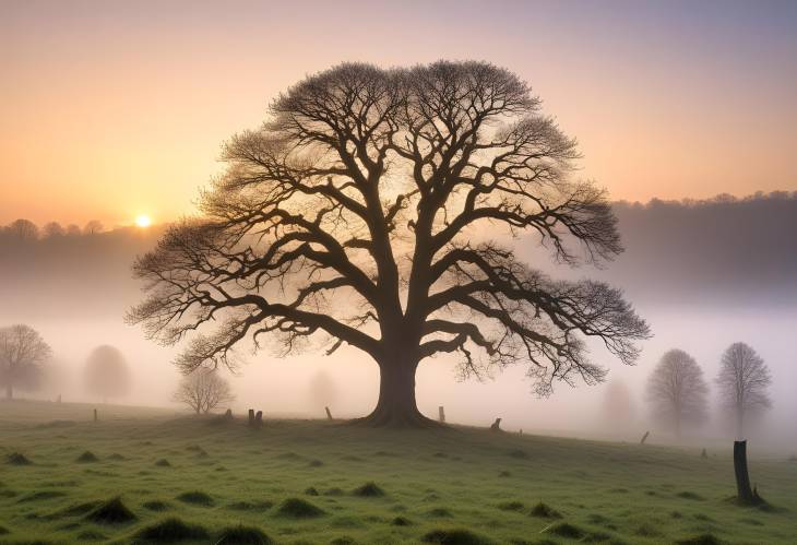 Sunrise Over Oak Tree in Grohberg Nature Reserve, Faulbach, Bavaria, Germany