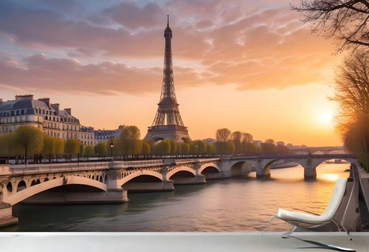 Sunrise Over Paris Eiffel Tower and River Seine in Early Spring Morning Web Banner