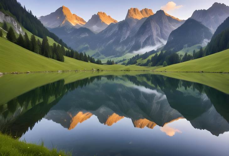 Sunrise Reflections Mountains and Lake Seealpsee Behind Sntis, Alpstein, Appenzell