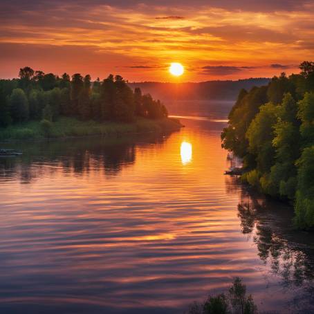 Sunset and Sunrise Over Wide River Colorful Sky and Water Reflections