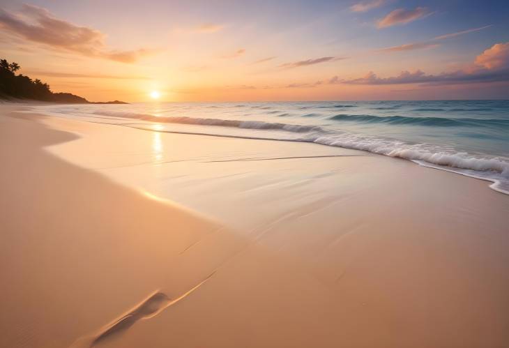 Sunset Beach Scene with Sparkling Ocean and Light Sand