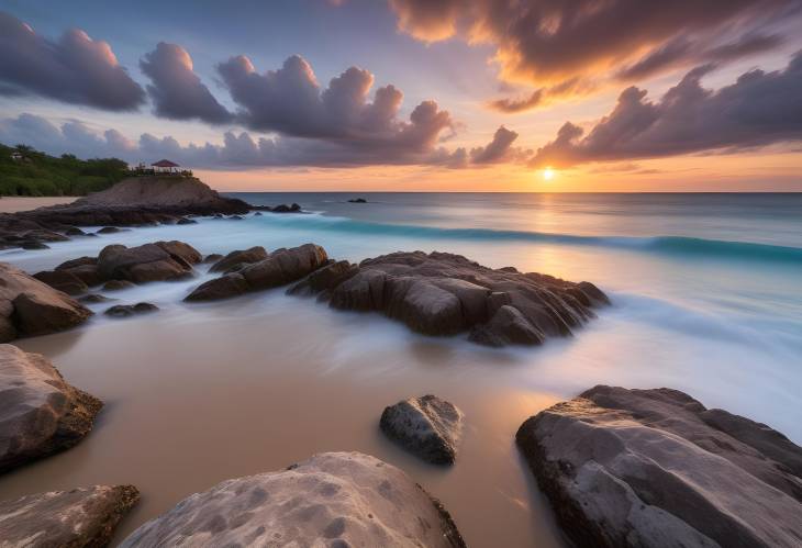 Sunset Bliss at Punta Zicaleta Beach Rocks, Turquoise Sea, and Long Exposure Photography