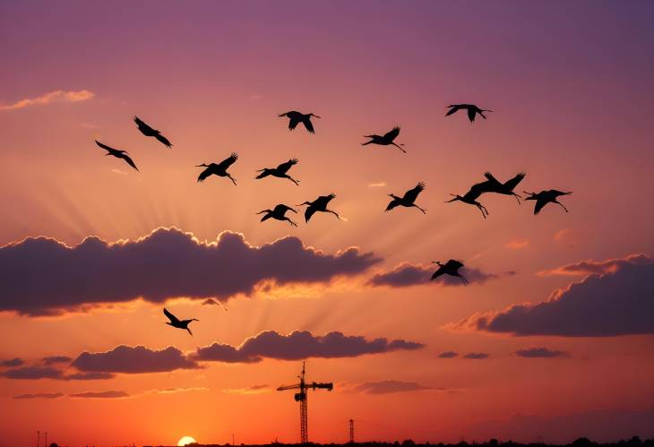 Sunset Flight of Cranes Stunning Silhouettes Against a Vibrant Twilight Sky