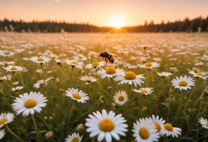 Sunset Glow Over Chamomile and Bumblebee Field