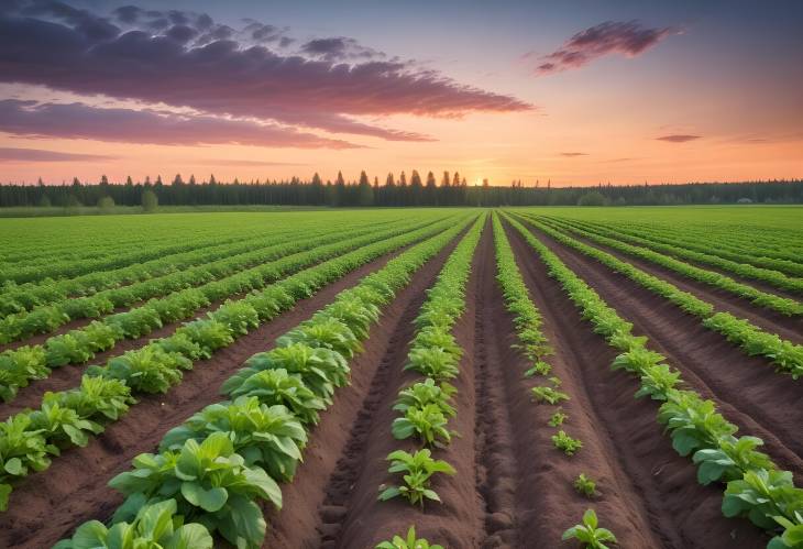 Sunset in Green Potato Fields of Finland Agricultural Land, Field Rows, Scenic Rural Views