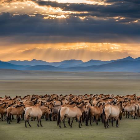 Sunset in Khustain Nuruu Przewalskis Horse Herd in Mongolia Wild