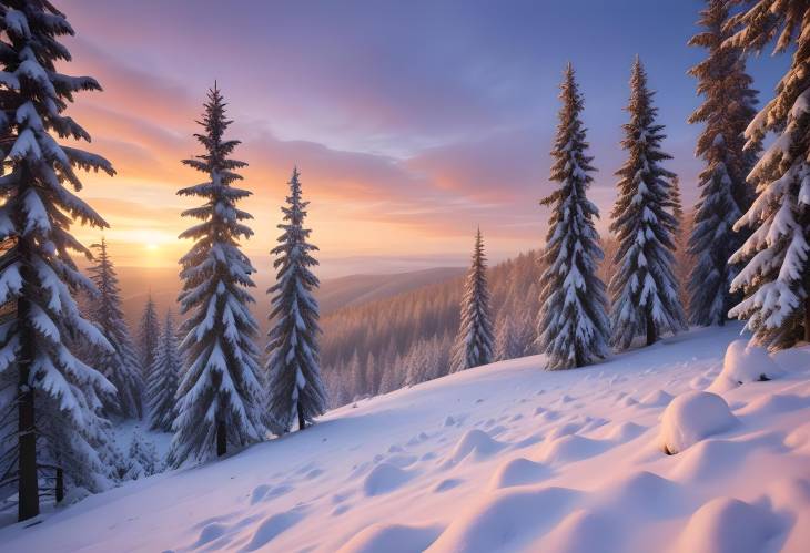 Sunset in Snowy Norway Spruce Forest, Thuringian Alps