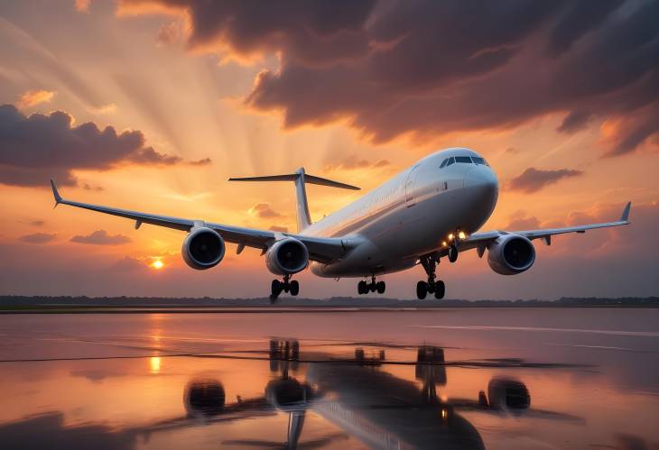 Sunset Landing with Cloudy Skies and Plane Silhouette