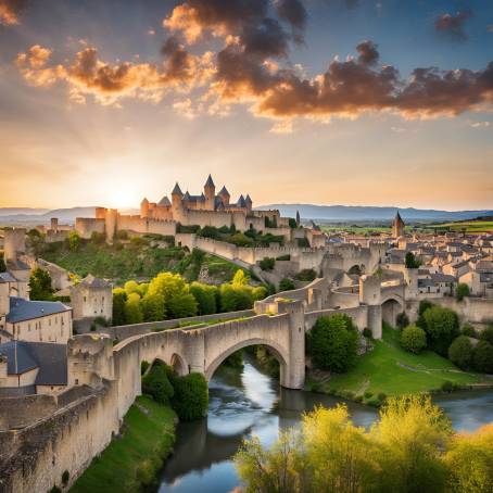 Sunset Over Carcassonne Old Town and Pont Vieux, France