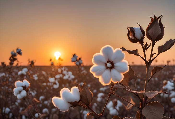 Sunset Over Cotton Field with Backlit Plant