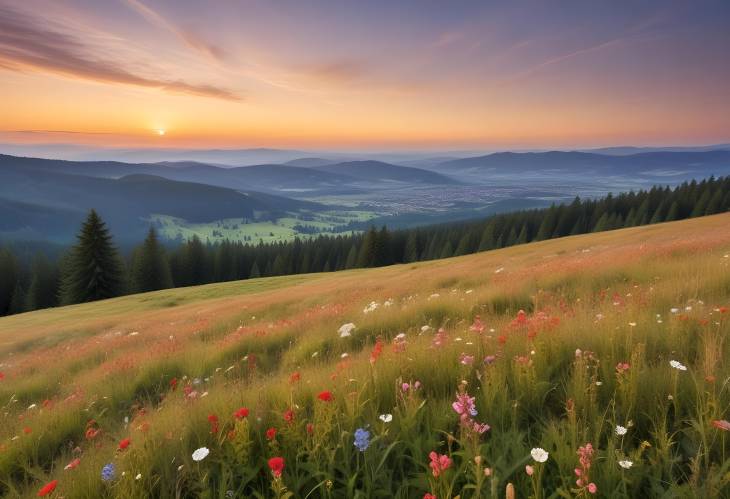 Sunset Over Flower Meadow and Mountains from Feldberg