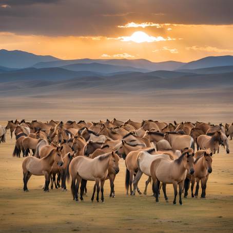 Sunset Over Khustain Nuruu Przewalskis Horse Herd in Mongolia