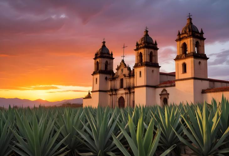 Sunset Over Oaxacas Historic Church Framed by Maguey Leaves in Mexico