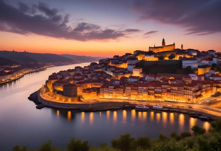 Sunset Over Porto Hilltop View of Old Town and River Douro, Portugal Landscape