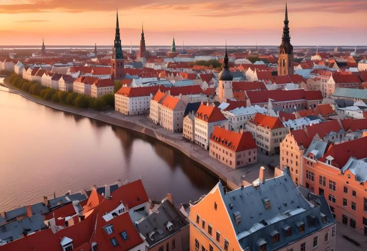 Sunset Over Riga Rooftop Panorama of Daugava River and Old Town