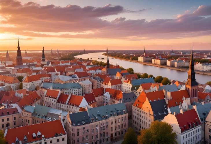 Sunset Over Rigas Old Town and Daugava River from Rooftop Panorama